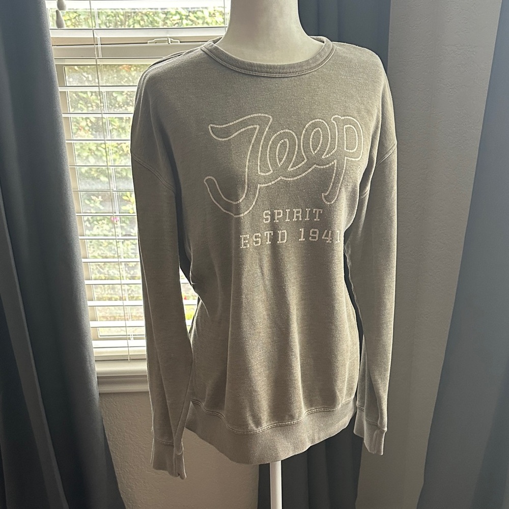 Jeep Spirit by Lucky Brand, olive vintage looking pullover sweatshirt, Large